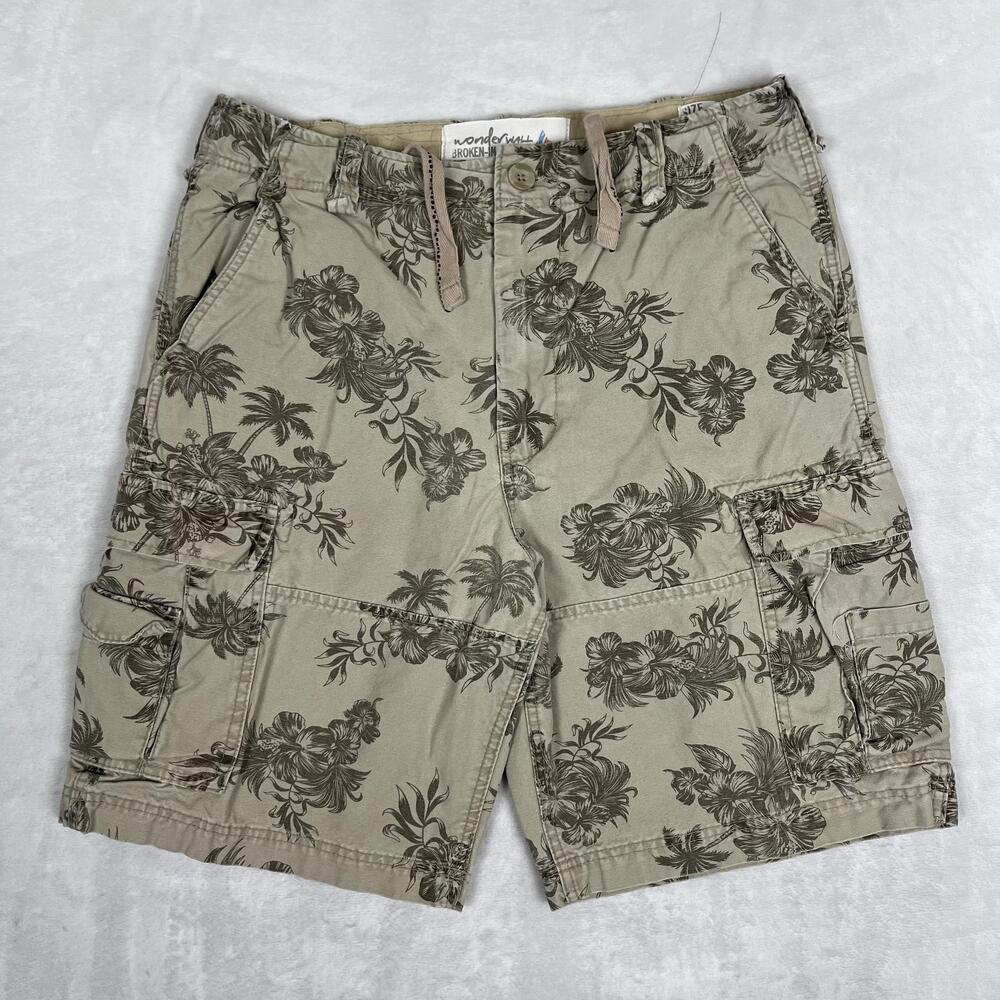 Wonderwall Cargo Shorts Mens 32 Beige Hawaiian Floral 10 Inseam Surf Tropical